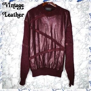 SAXONY COLLECTION 80s Men’s LEATHER & Knit Maroon Textured Sweater Size XL